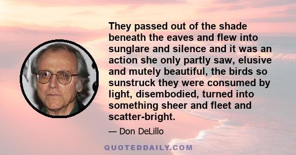 They passed out of the shade beneath the eaves and flew into sunglare and silence and it was an action she only partly saw, elusive and mutely beautiful, the birds so sunstruck they were consumed by light, disembodied,