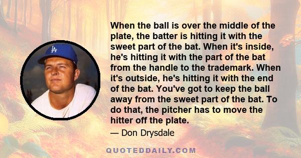 When the ball is over the middle of the plate, the batter is hitting it with the sweet part of the bat. When it's inside, he's hitting it with the part of the bat from the handle to the trademark. When it's outside,