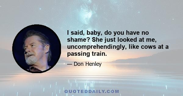 I said, baby, do you have no shame? She just looked at me, uncomprehendingly, like cows at a passing train.