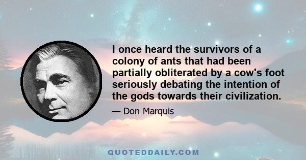 I once heard the survivors of a colony of ants that had been partially obliterated by a cow's foot seriously debating the intention of the gods towards their civilization.