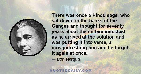 There was once a Hindu sage, who sat down on the banks of the Ganges and thought for seventy years about the millennium. Just as he arrived at the solution and was putting it into verse, a mosquito stung him and he