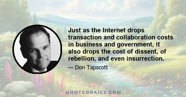 Just as the Internet drops transaction and collaboration costs in business and government, it also drops the cost of dissent, of rebellion, and even insurrection.