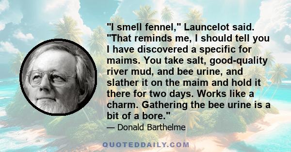 I smell fennel, Launcelot said. That reminds me, I should tell you I have discovered a specific for maims. You take salt, good-quality river mud, and bee urine, and slather it on the maim and hold it there for two days. 