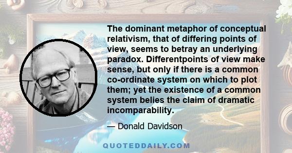 The dominant metaphor of conceptual relativism, that of differing points of view, seems to betray an underlying paradox. Differentpoints of view make sense, but only if there is a common co-ordinate system on which to