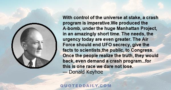 With control of the universe at stake, a crash program is imperative.We produced the A-bomb, under the huge Manhattan Project, in an amazingly short time. The needs, the urgency today are even greater. The Air Force