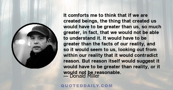 It comforts me to think that if we are created beings, the thing that created us would have to be greater than us, so much greater, in fact, that we would not be able to understand it. It would have to be greater than