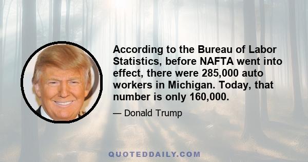 According to the Bureau of Labor Statistics, before NAFTA went into effect, there were 285,000 auto workers in Michigan. Today, that number is only 160,000.