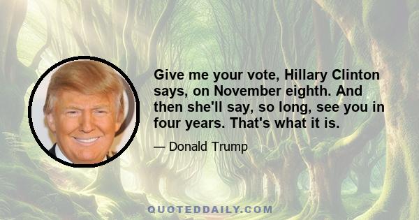 Give me your vote, Hillary Clinton says, on November eighth. And then she'll say, so long, see you in four years. That's what it is.