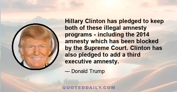 Hillary Clinton has pledged to keep both of these illegal amnesty programs - including the 2014 amnesty which has been blocked by the Supreme Court. Clinton has also pledged to add a third executive amnesty.