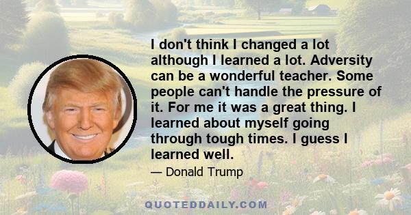 I don't think I changed a lot although I learned a lot. Adversity can be a wonderful teacher. Some people can't handle the pressure of it. For me it was a great thing. I learned about myself going through tough times. I 