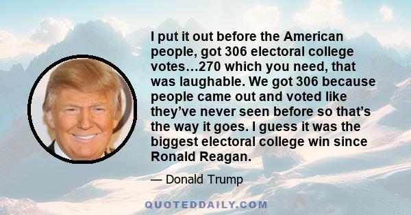 I put it out before the American people, got 306 electoral college votes…270 which you need, that was laughable. We got 306 because people came out and voted like they’ve never seen before so that’s the way it goes. I