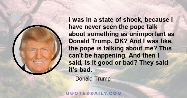 I was in a state of shock, because I have never seen the pope talk about something as unimportant as Donald Trump. OK? And I was like, the pope is talking about me? This can't be happening. And then I said, is it good