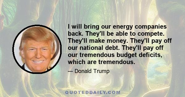 I will bring our energy companies back. They'll be able to compete. They'll make money. They'll pay off our national debt. They'll pay off our tremendous budget deficits, which are tremendous.