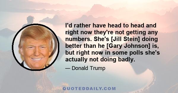 I'd rather have head to head and right now they're not getting any numbers. She's [Jill Stein] doing better than he [Gary Johnson] is, but right now in some polls she's actually not doing badly.