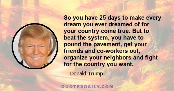 So you have 25 days to make every dream you ever dreamed of for your country come true. But to beat the system, you have to pound the pavement, get your friends and co-workers out, organize your neighbors and fight for