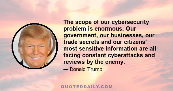 The scope of our cybersecurity problem is enormous. Our government, our businesses, our trade secrets and our citizens' most sensitive information are all facing constant cyberattacks and reviews by the enemy.