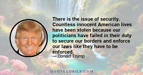 There is the issue of security. Countless innocent American lives have been stolen because our politicians have failed in their duty to secure our borders and enforce our laws like they have to be enforced.