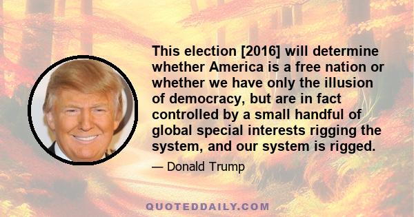 This election [2016] will determine whether America is a free nation or whether we have only the illusion of democracy, but are in fact controlled by a small handful of global special interests rigging the system, and