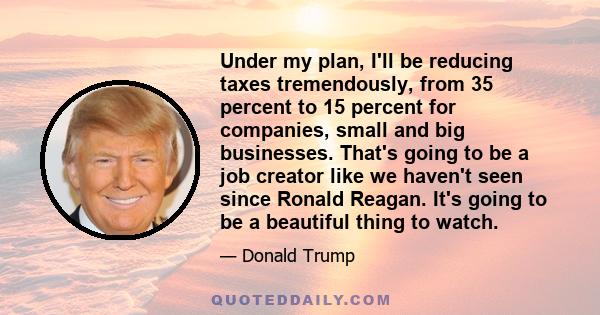 Under my plan, I'll be reducing taxes tremendously, from 35 percent to 15 percent for companies, small and big businesses. That's going to be a job creator like we haven't seen since Ronald Reagan. It's going to be a