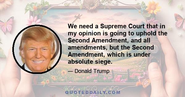 We need a Supreme Court that in my opinion is going to uphold the Second Amendment, and all amendments, but the Second Amendment, which is under absolute siege.