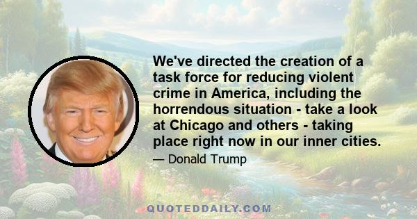 We've directed the creation of a task force for reducing violent crime in America, including the horrendous situation - take a look at Chicago and others - taking place right now in our inner cities.
