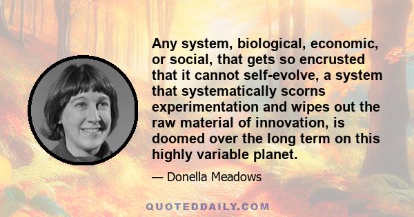 Any system, biological, economic, or social, that gets so encrusted that it cannot self-evolve, a system that systematically scorns experimentation and wipes out the raw material of innovation, is doomed over the long