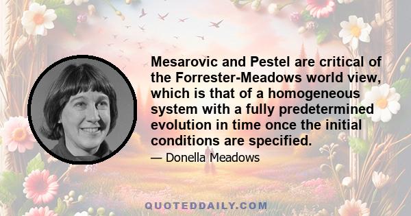 Mesarovic and Pestel are critical of the Forrester-Meadows world view, which is that of a homogeneous system with a fully predetermined evolution in time once the initial conditions are specified.