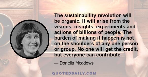 The sustainability revolution will be organic. It will arise from the visions, insights, experiments and actions of billions of people. The burden of making it happen is not on the shoulders of any one person or group.