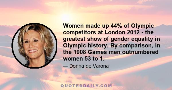 Women made up 44% of Olympic competitors at London 2012 - the greatest show of gender equality in Olympic history. By comparison, in the 1908 Games men outnumbered women 53 to 1.