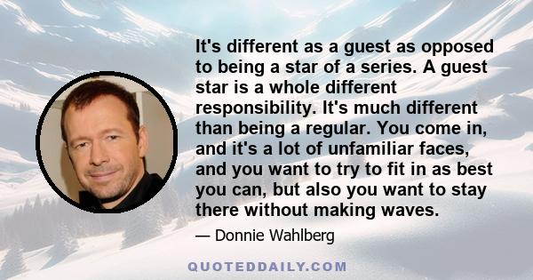 It's different as a guest as opposed to being a star of a series. A guest star is a whole different responsibility. It's much different than being a regular. You come in, and it's a lot of unfamiliar faces, and you want 