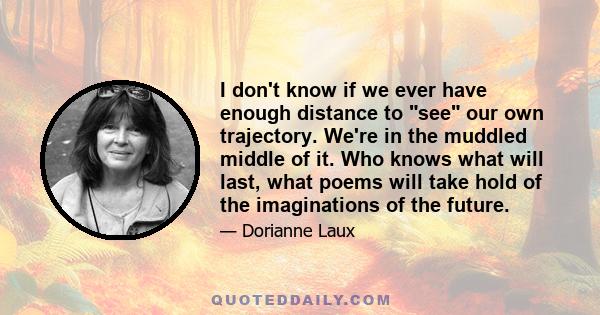 I don't know if we ever have enough distance to see our own trajectory. We're in the muddled middle of it. Who knows what will last, what poems will take hold of the imaginations of the future.