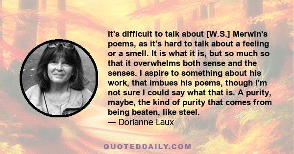 It's difficult to talk about [W.S.] Merwin's poems, as it's hard to talk about a feeling or a smell. It is what it is, but so much so that it overwhelms both sense and the senses. I aspire to something about his work,