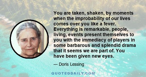 You are taken, shaken, by moments when the improbability of our lives comes over you like a fever. Everything is remarkable, people, living, events present themselves to you with the immediacy of players in some