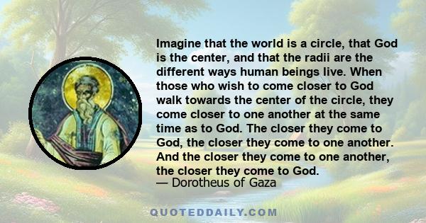 Imagine that the world is a circle, that God is the center, and that the radii are the different ways human beings live. When those who wish to come closer to God walk towards the center of the circle, they come closer