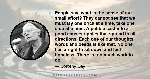 People say, what is the sense of our small effort? They cannot see that we must lay one brick at a time, take one step at a time. A pebble cast into a pond causes ripples that spread in all directions. Each one of our