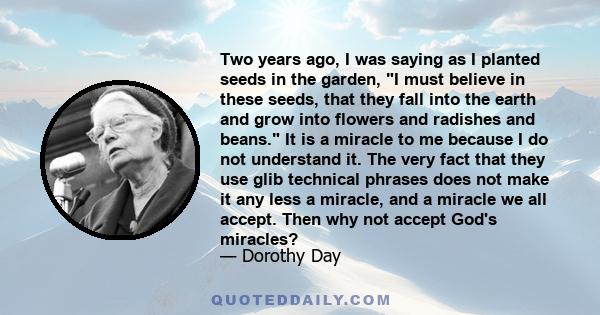 Two years ago, I was saying as I planted seeds in the garden, I must believe in these seeds, that they fall into the earth and grow into flowers and radishes and beans. It is a miracle to me because I do not understand