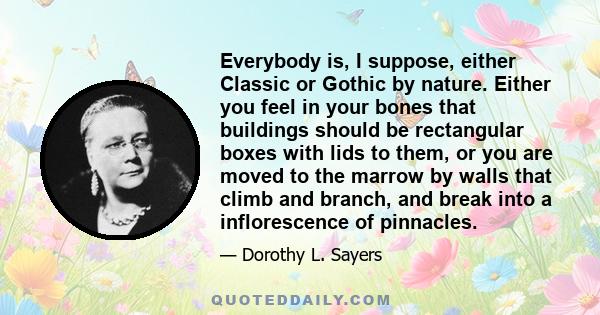 Everybody is, I suppose, either Classic or Gothic by nature. Either you feel in your bones that buildings should be rectangular boxes with lids to them, or you are moved to the marrow by walls that climb and branch, and 