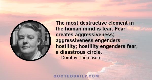 The most destructive element in the human mind is fear. Fear creates aggressiveness; aggressiveness engenders hostility; hostility engenders fear, a disastrous circle.