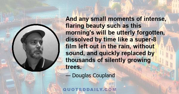 And any small moments of intense, flaring beauty such as this morning's will be utterly forgotten, dissolved by time like a super-8 film left out in the rain, without sound, and quickly replaced by thousands of silently 