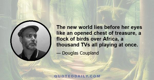 The new world lies before her eyes like an opened chest of treasure, a flock of birds over Africa, a thousand TVs all playing at once.