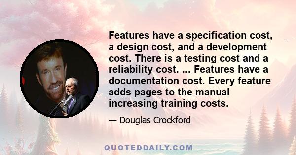 Features have a specification cost, a design cost, and a development cost. There is a testing cost and a reliability cost. ... Features have a documentation cost. Every feature adds pages to the manual increasing