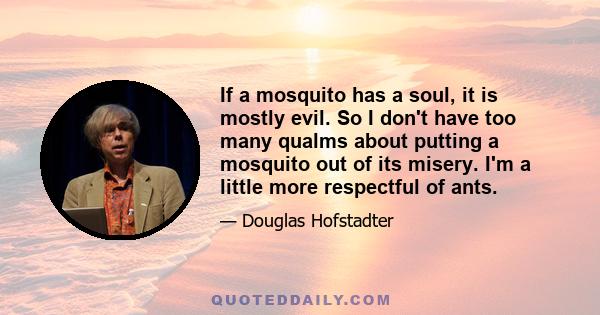 If a mosquito has a soul, it is mostly evil. So I don't have too many qualms about putting a mosquito out of its misery. I'm a little more respectful of ants.