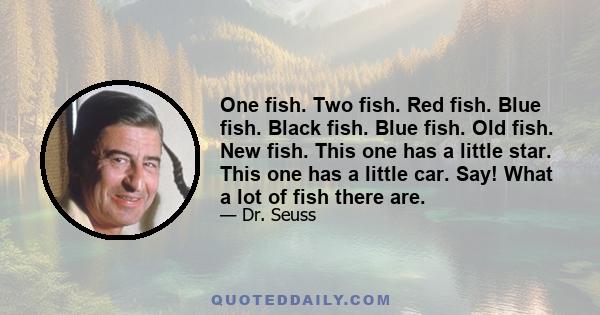 One fish. Two fish. Red fish. Blue fish. Black fish. Blue fish. Old fish. New fish. This one has a little star. This one has a little car. Say! What a lot of fish there are.