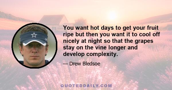 You want hot days to get your fruit ripe but then you want it to cool off nicely at night so that the grapes stay on the vine longer and develop complexity.