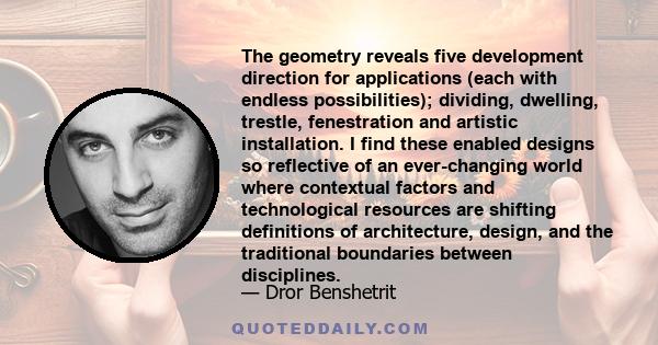 The geometry reveals five development direction for applications (each with endless possibilities); dividing, dwelling, trestle, fenestration and artistic installation. I find these enabled designs so reflective of an