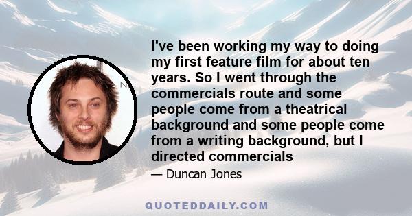 I've been working my way to doing my first feature film for about ten years. So I went through the commercials route and some people come from a theatrical background and some people come from a writing background, but