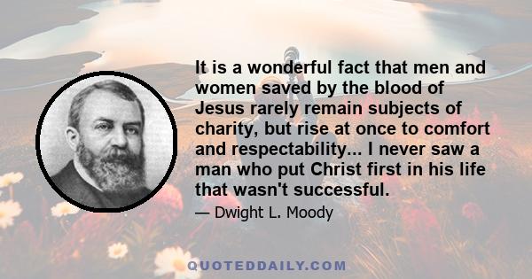 It is a wonderful fact that men and women saved by the blood of Jesus rarely remain subjects of charity, but rise at once to comfort and respectability... I never saw a man who put Christ first in his life that wasn't