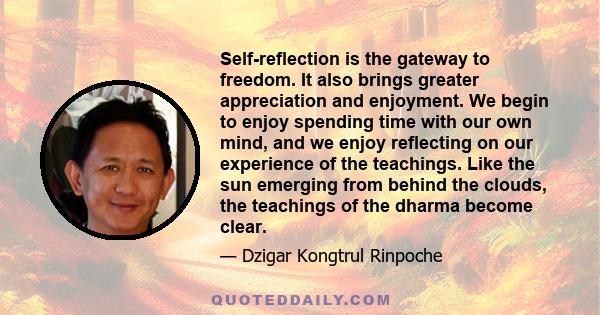 Self-reflection is the gateway to freedom. It also brings greater appreciation and enjoyment. We begin to enjoy spending time with our own mind, and we enjoy reflecting on our experience of the teachings. Like the sun