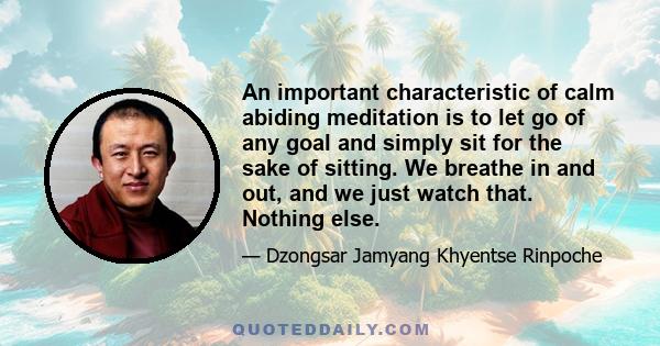 An important characteristic of calm abiding meditation is to let go of any goal and simply sit for the sake of sitting. We breathe in and out, and we just watch that. Nothing else.