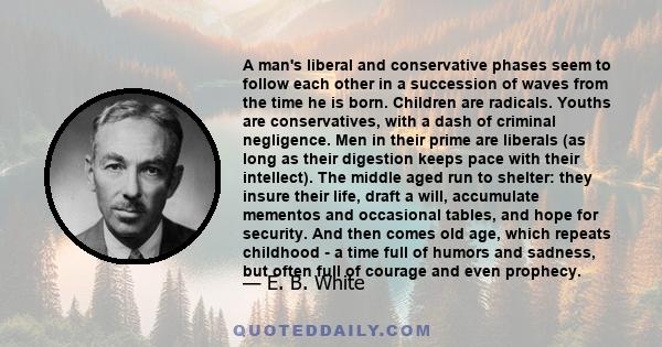 A man's liberal and conservative phases seem to follow each other in a succession of waves from the time he is born. Children are radicals. Youths are conservatives, with a dash of criminal negligence. Men in their